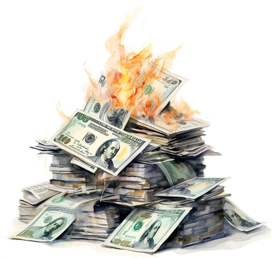 A small pile of dollar bills burning.