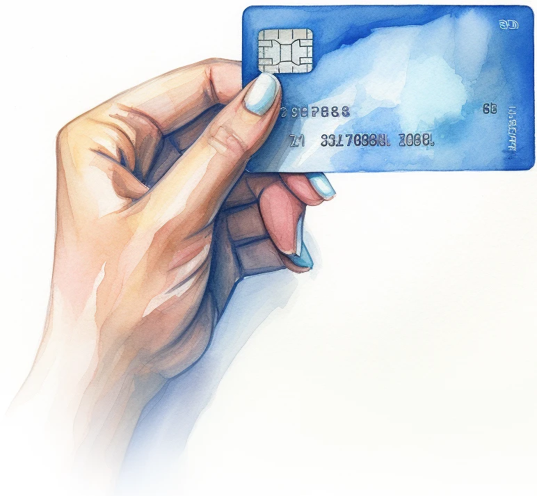 A watercolour of a womans hand holding a blue credit card