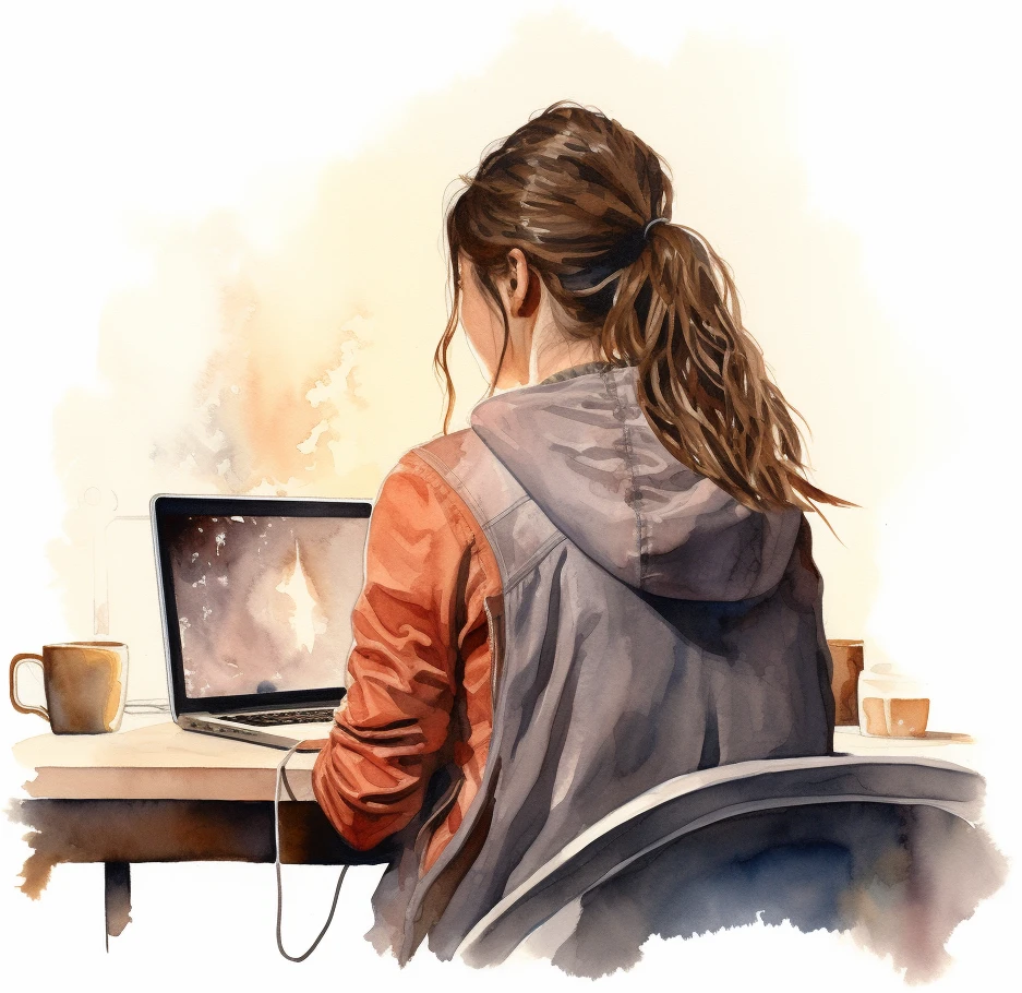 A watercolour of a casually dressed woman working at her laptop with a cup of coffee to the side