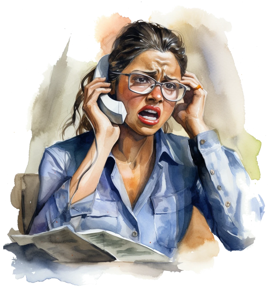 A female project manager engaged in a frustrating phone call with a vendor.