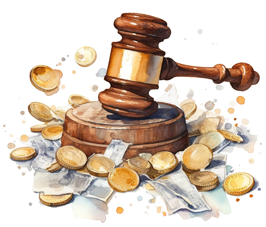 A judges gavel slams down on a wooden block, with money scattered around.