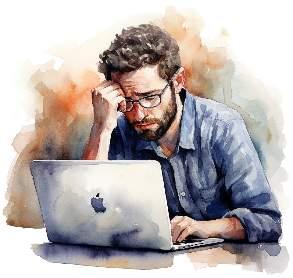 A junior developer sits at his laptop, struggling to make progress on a complex problem.