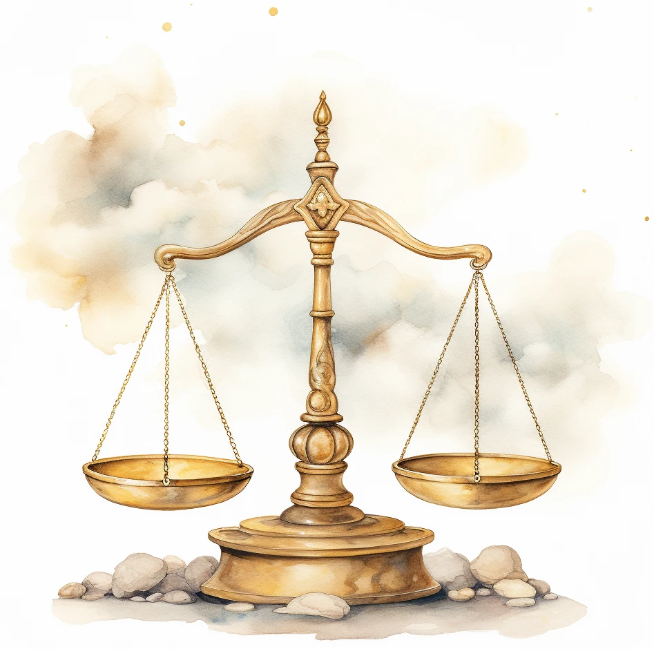 A watercolour of a traditional pair of golden balance scales