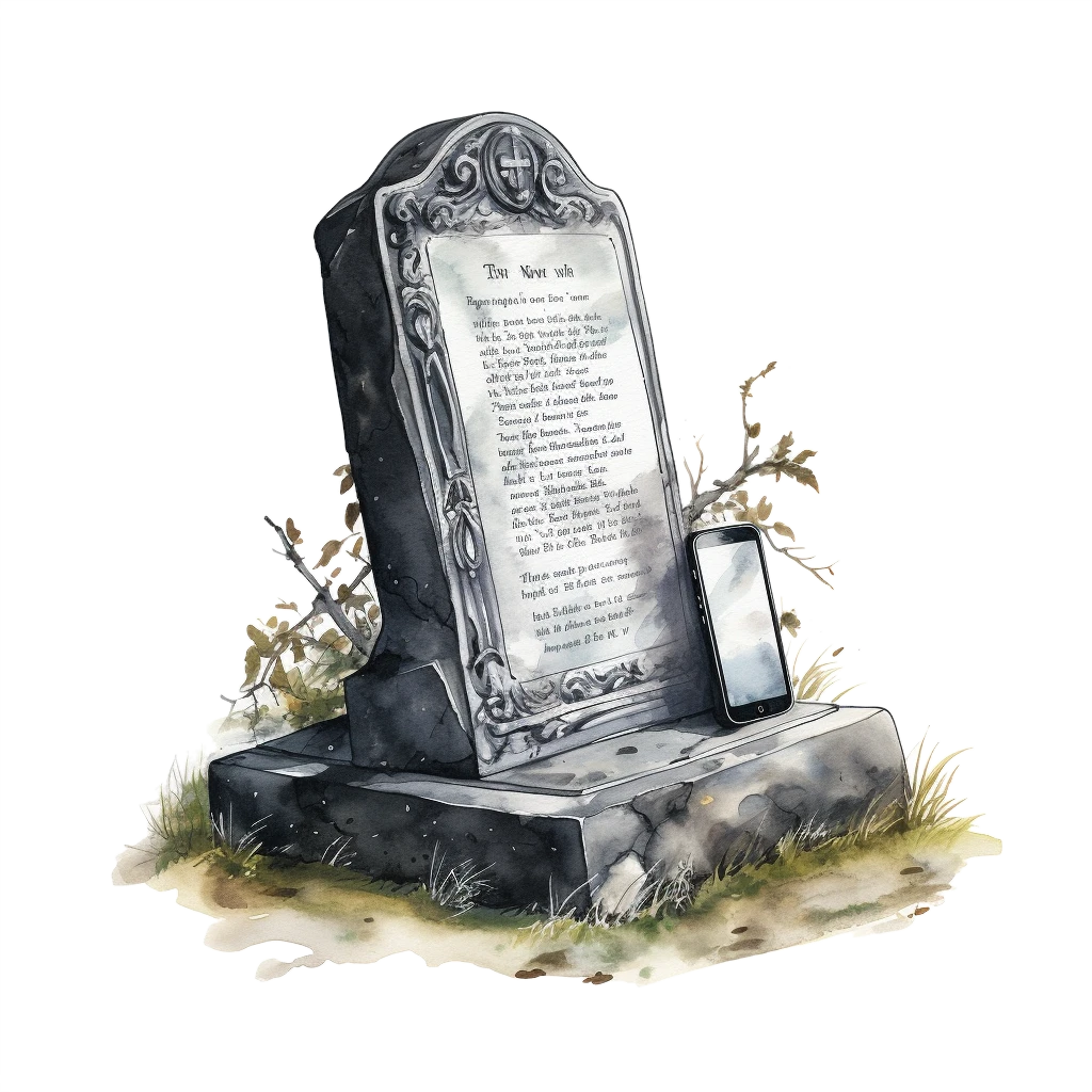 An ornate gravestone with an iPhone leaning on it.