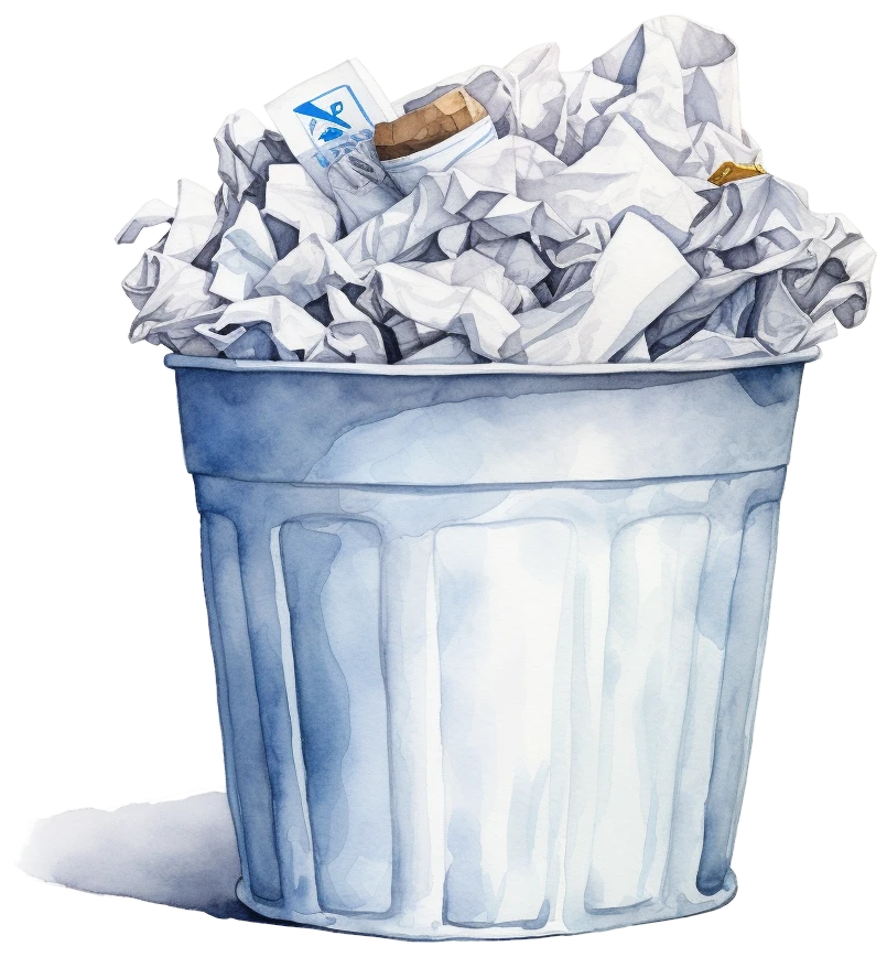 A metal wastepaper bin overflows with scrunched up paper.