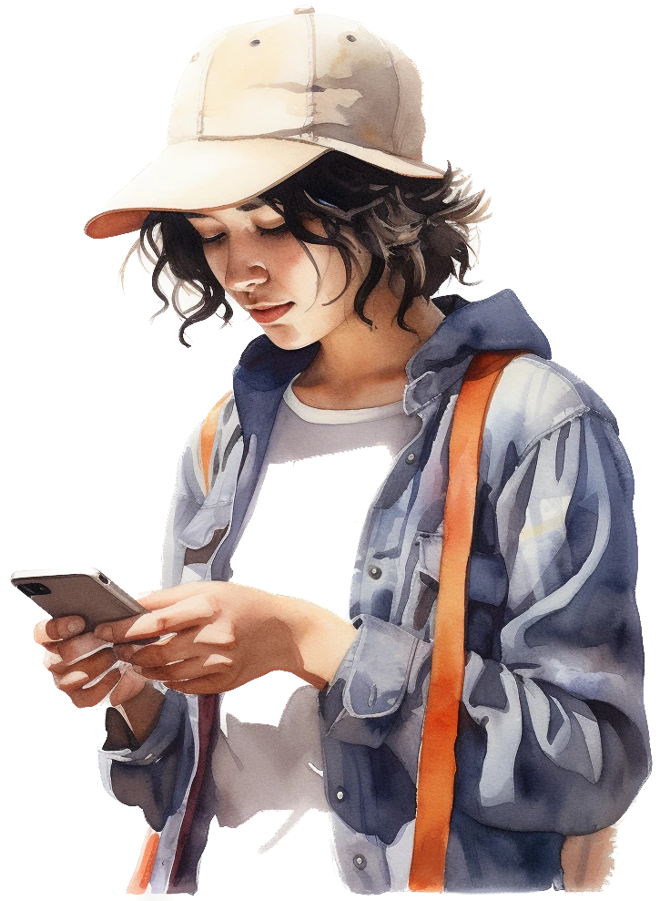 A watercolour of a young woman wearing casual clothes looking down at her smartphone in her hands